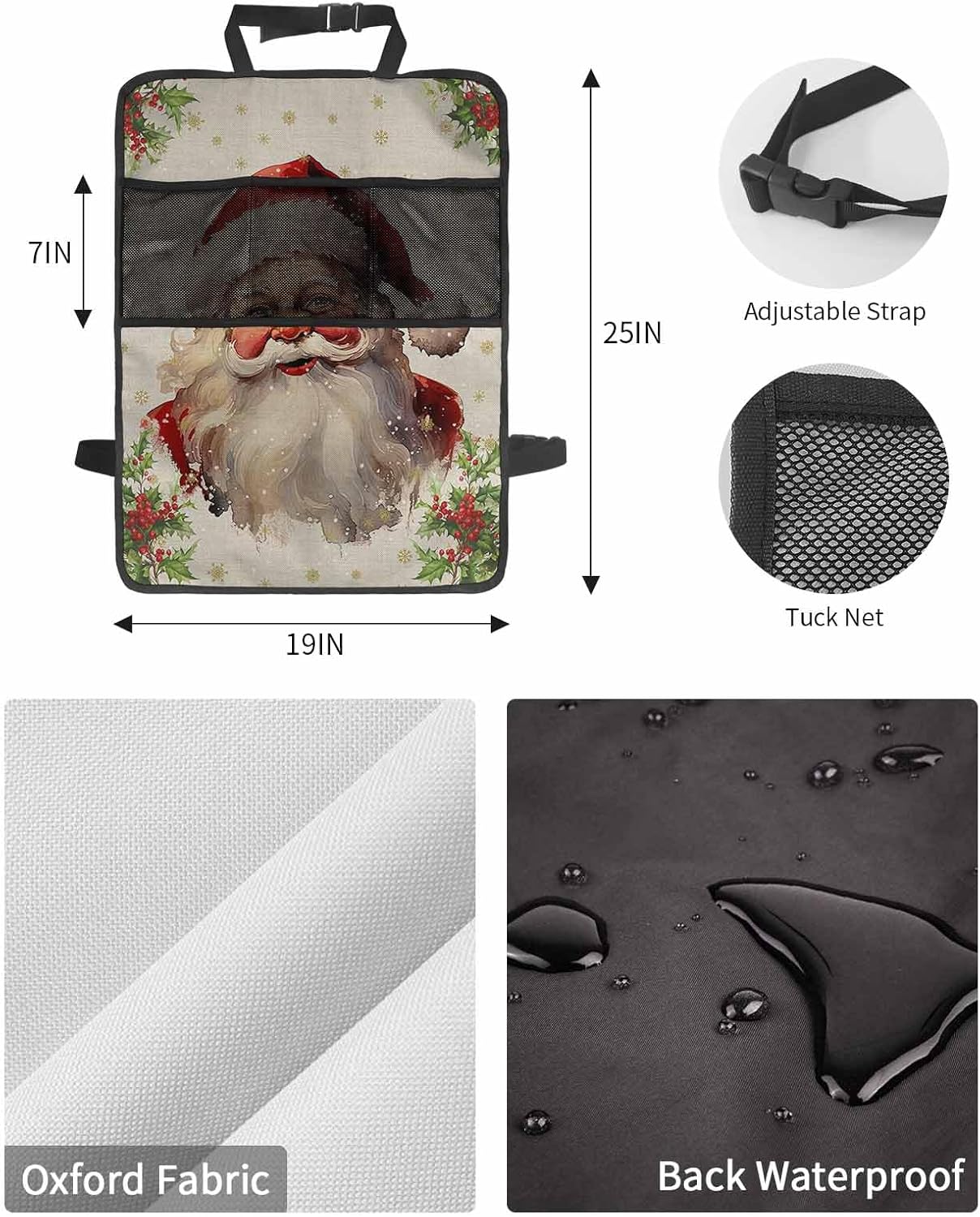 T&H XHome Car Seat Protector, 2 Pack Kick Mats with Organizer - 3 Pocket Storage, Christmas Cute Santa Claus Winter Snowflake Back Seat Cover for Kids Universal Fit Automotive Interior Protectors