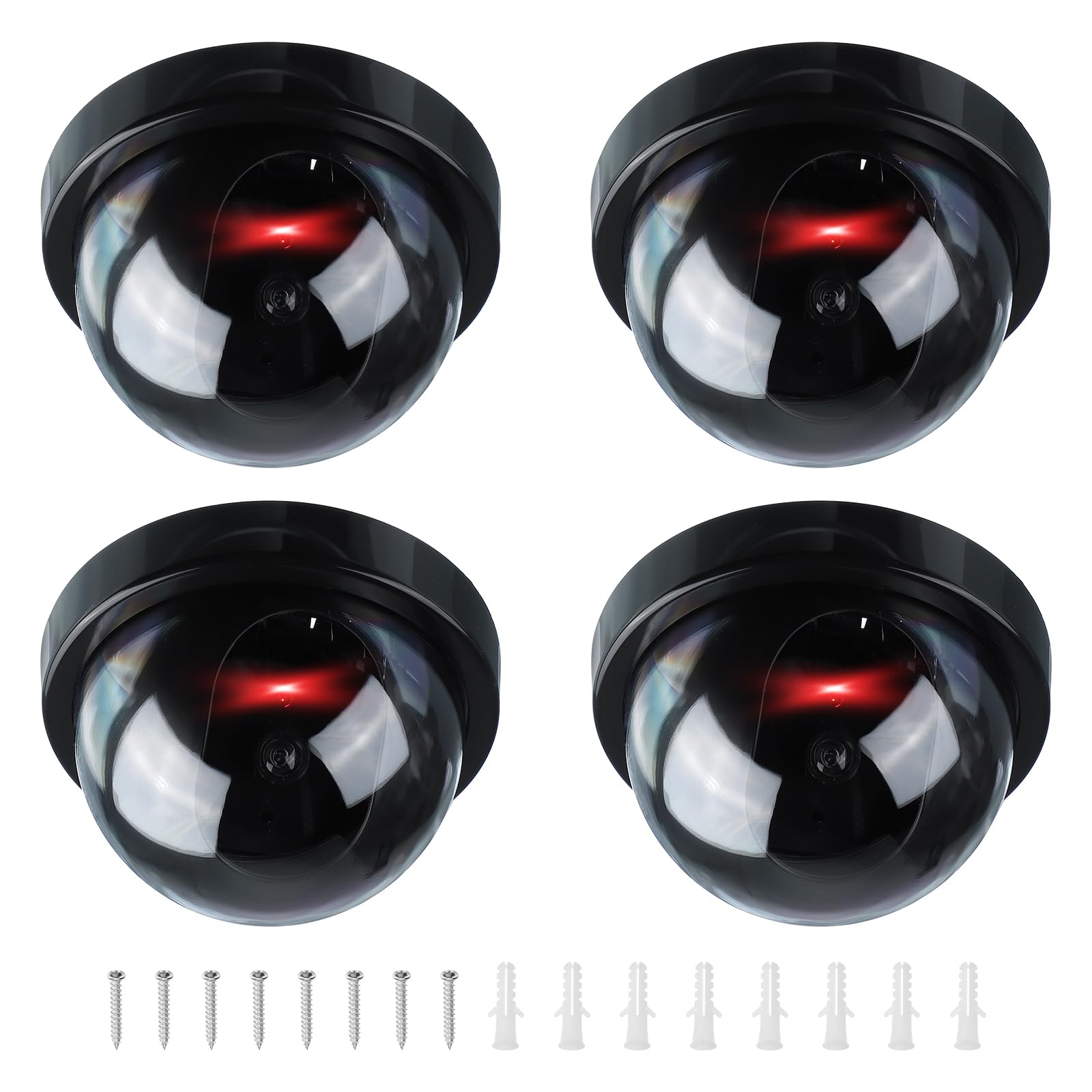 PATIKIL Cámara de seguridad falsa, 4 cámaras domo simuladas con luz LED roja intermitente y tornillo para interiores y exteriores, negocio doméstico, color negro