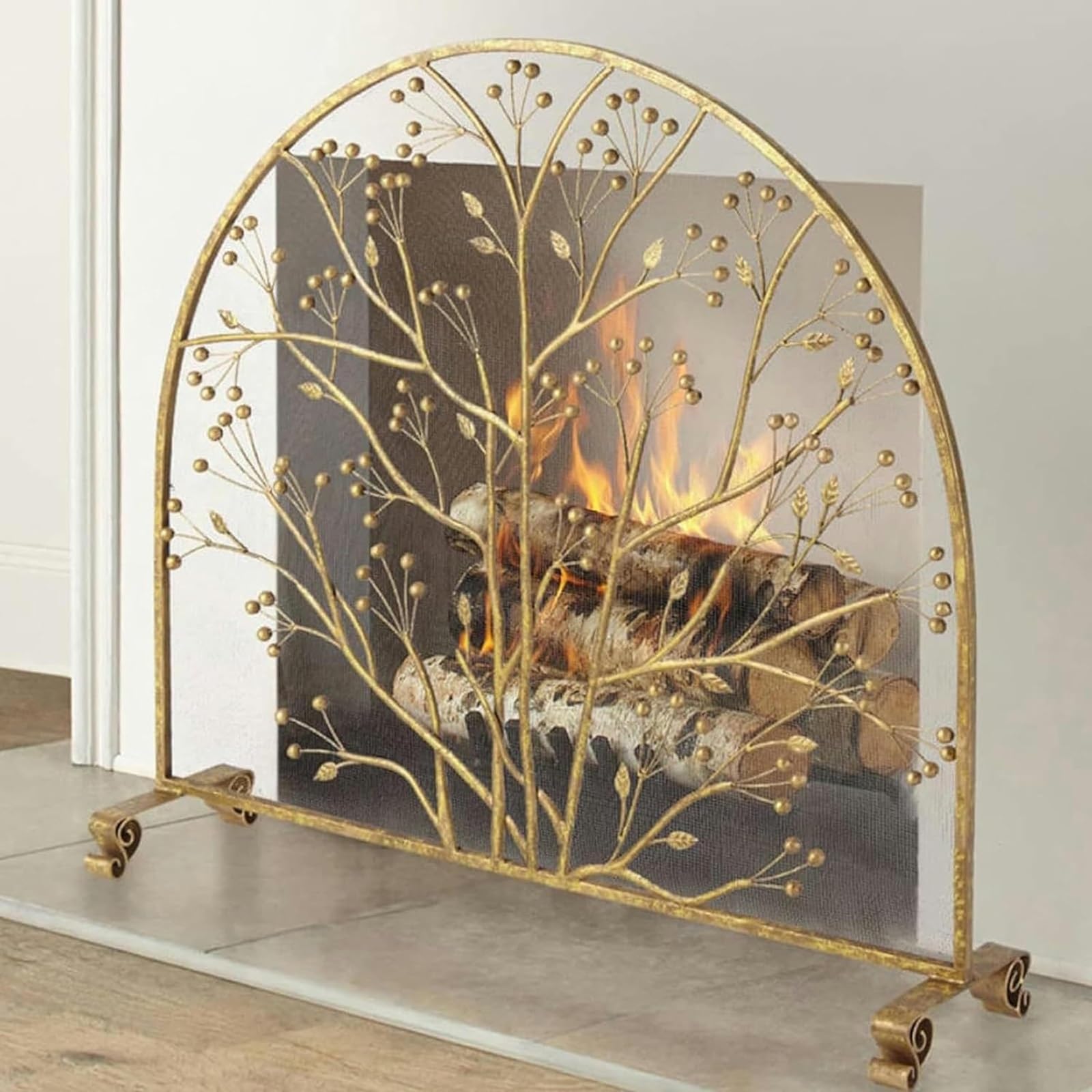 Parascintille/Griglia per Camino, 96x90x22 cm, in Ferro Battuto, Divisorio per Camino, per Arredamento Del Soggiorno(Gold)