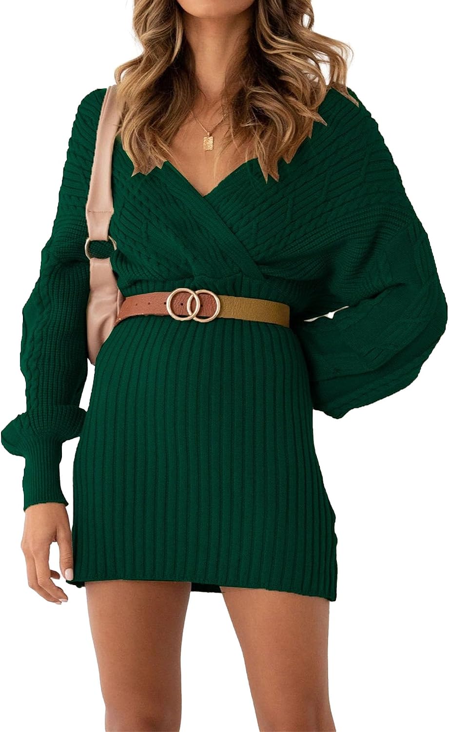 Women's Sweater Dress Sexy V Neck Wrap Long Sleeve Knitted Chunky Mini Dresses Casual Ribbed Bodycon Dress