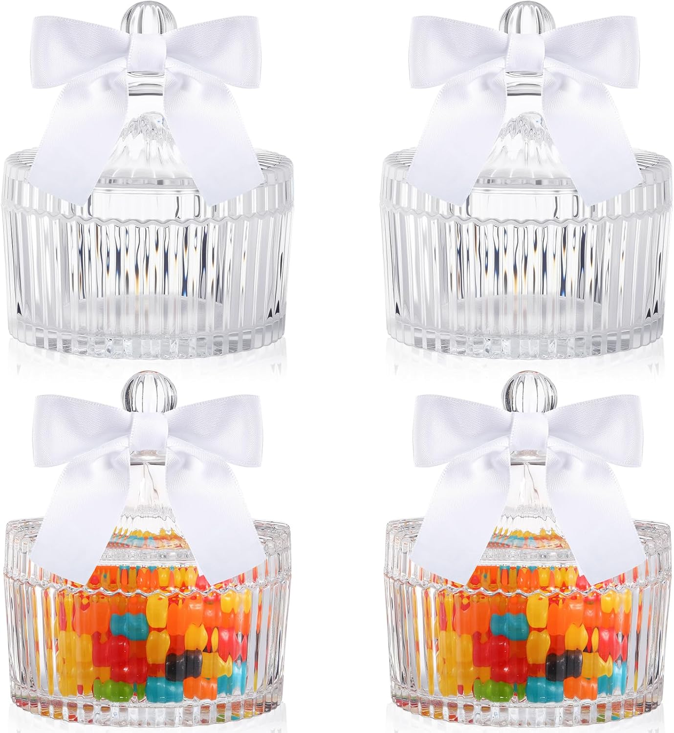 Geelin 4 Pcs Glass Candy Jar with Lids Crystal Candy Dish with Bows 260ml / 9oz Cookie Storage Bowl Decorative Cookie Jar Jewelry Box with Ribbon for Buffet Home Party Wedding Decor Gift(White)