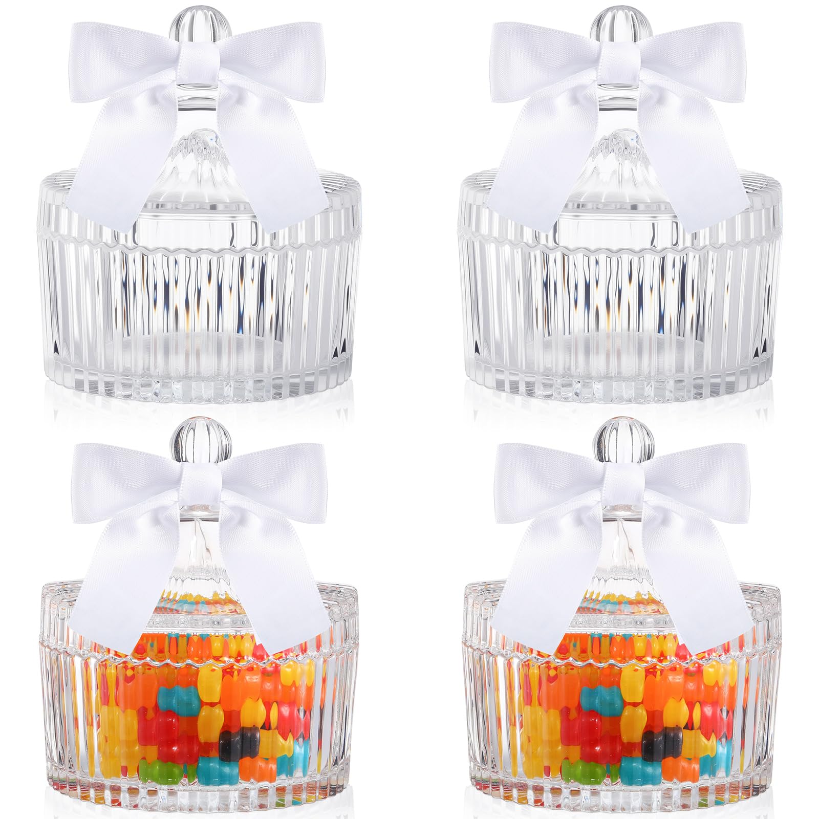 Geelin 4 Pcs Glass Candy Jar with Lids Crystal Candy Dish with Bows 260ml / 9oz Cookie Storage Bowl Decorative Cookie Jar Jewelry Box with Ribbon for