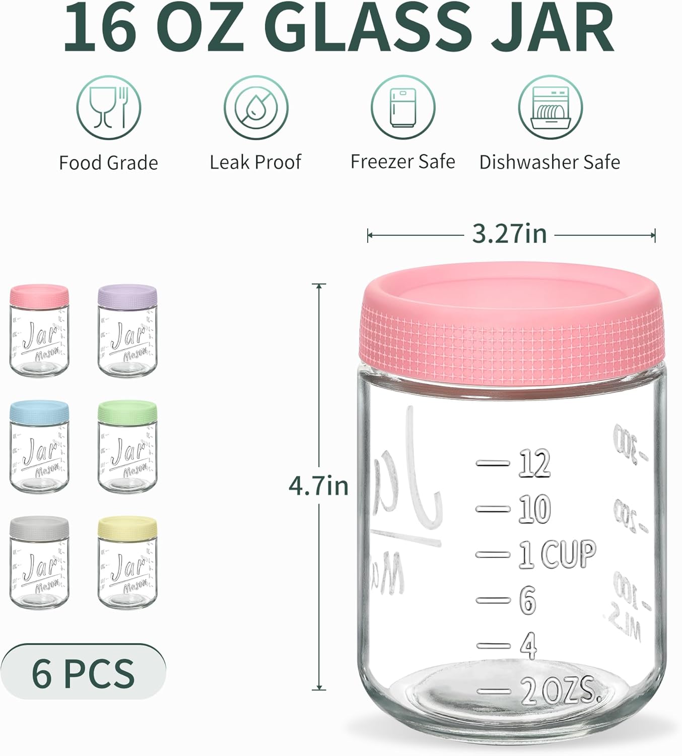 6-Pack 16oz Overnight Oats Containers with Airtight Lids - Glass Mason Jars with Measurement Marks for Yogurt, Meal Prep & Chia Pudding, Stackable & Leakproof - Image 6