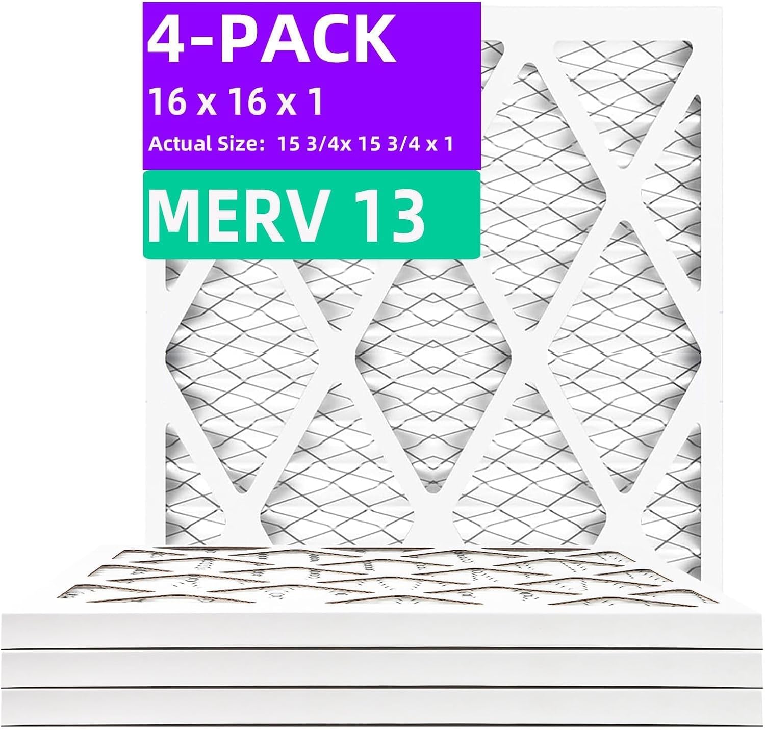 16x16x1 MERV 13 (4-Pack) Pleated Air Filter (Actual Size: 15.75"x15.75"x0.75") MPR 1900 & FPR 10, Furnace Air Filters,16x16x1 air filter 16x16x1 4-Pack