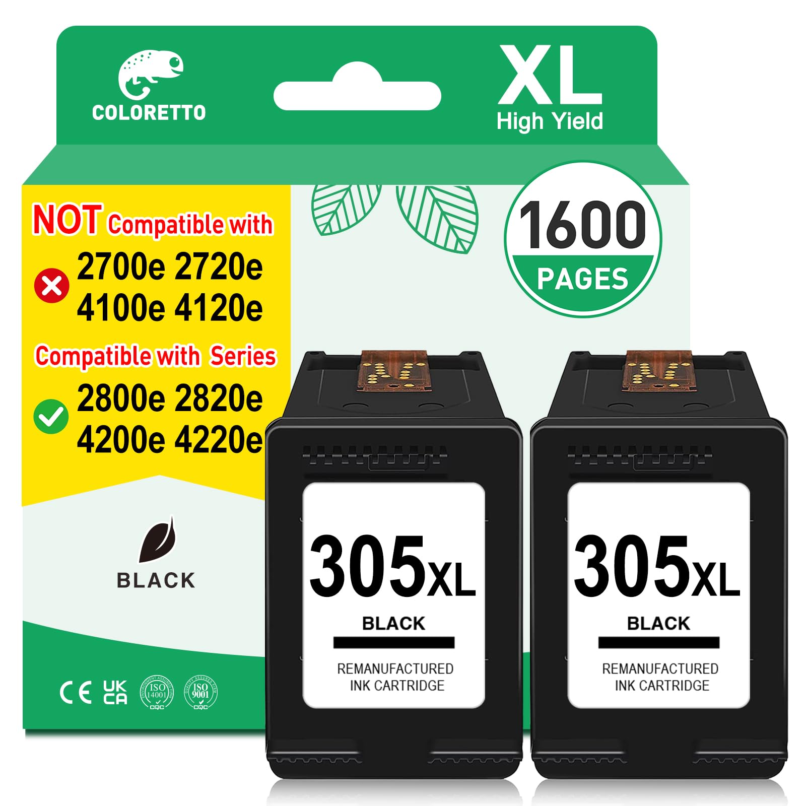 COLORETTO 305XL Ngero Ink Cartridges for HP 305 XL DeskJet 4220e 2820e 2800e 2810e 2821e 2822e 2823e 4200e 4210e 4222e 4230e Printer Ink for HP 305 XL Black Pack Cartridge for HP 305 XL Black Pack Cartridge for HP 305 XL us xl = asian