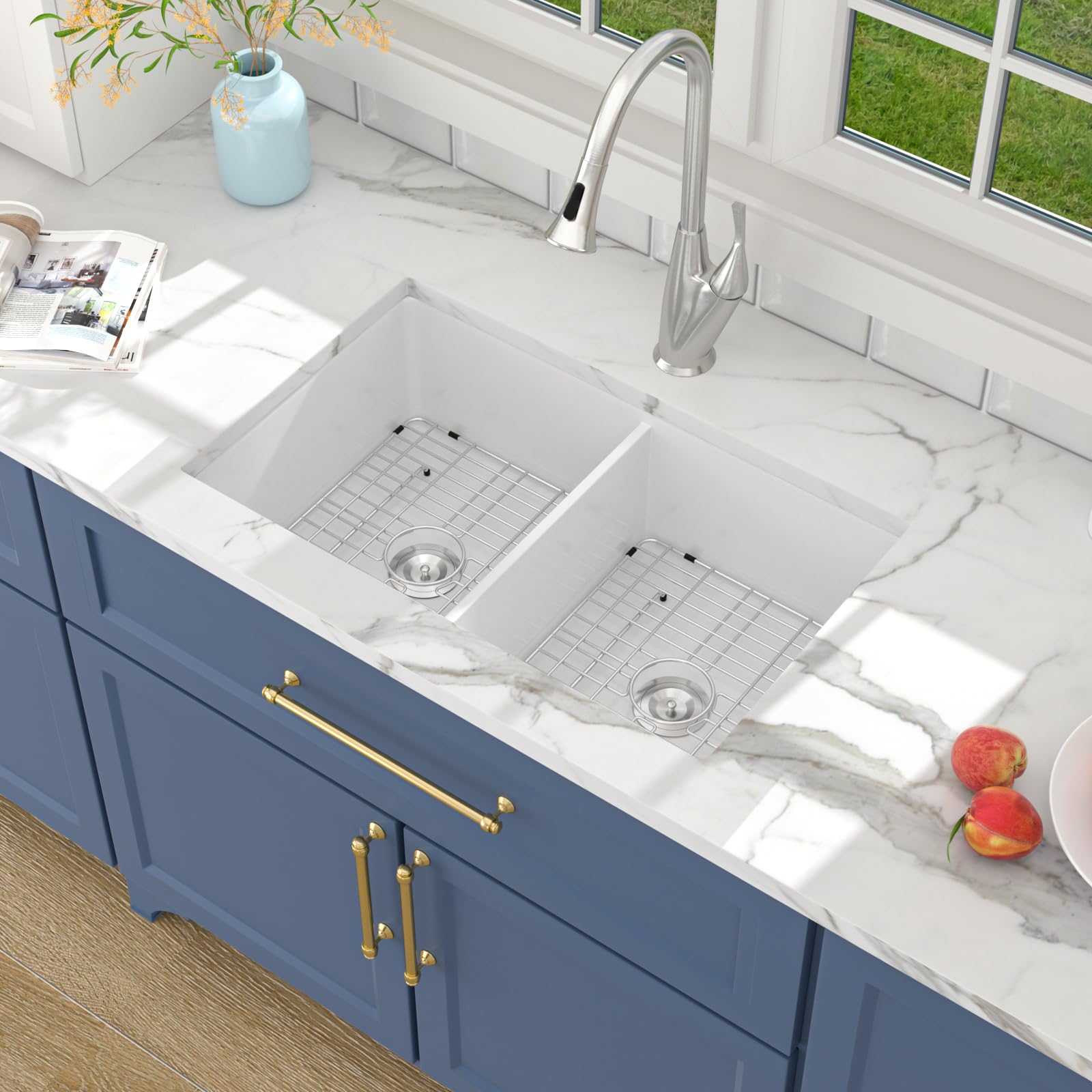 Lordear White Double Bowl Undermount Kitchen Sink 32x19 Inch