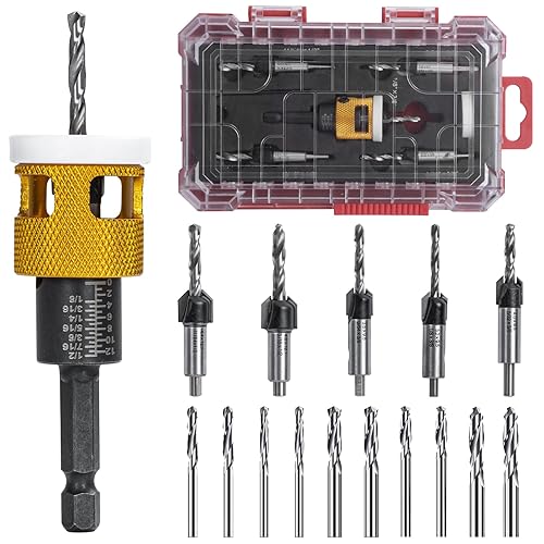 Miniatura 7 de Juego de brocas avellanadas para madera, 17 brocas para fregadero de encimera con 15 brocas cónicas HSS y vástago hexagonal de 14 de pulgada, cambio