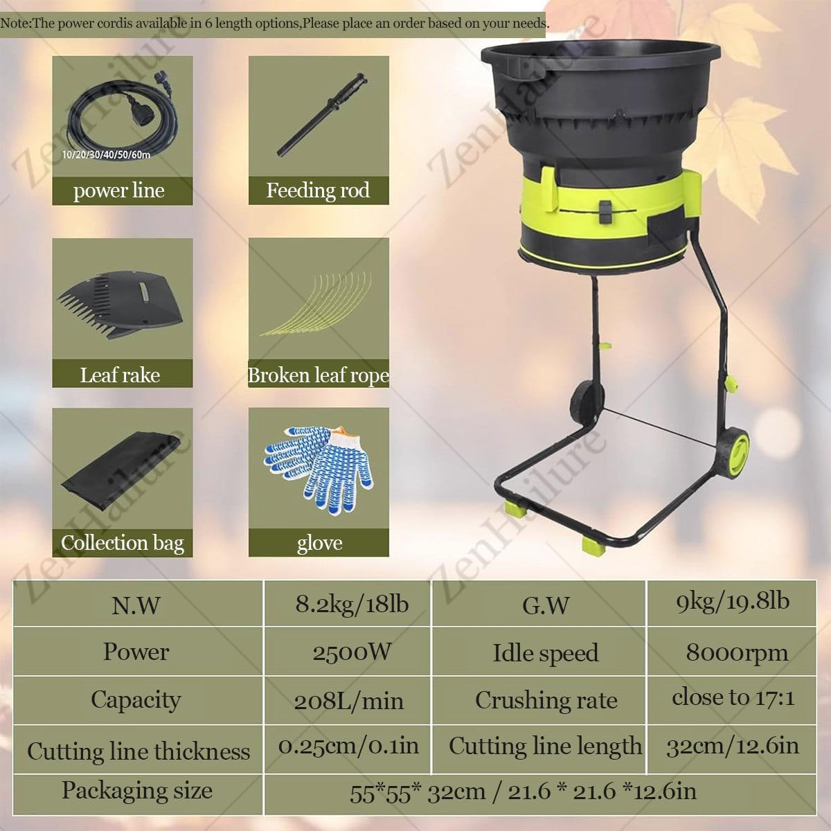 Trituradora De Hojas De 2500 W con Ruedas,Trituradora De Jardín Sin Cuchillas con Bolsa De Almacenamiento,Trituradora Eléctrica De Hojas,Tolva De 54 Cm De Ancho 20meters