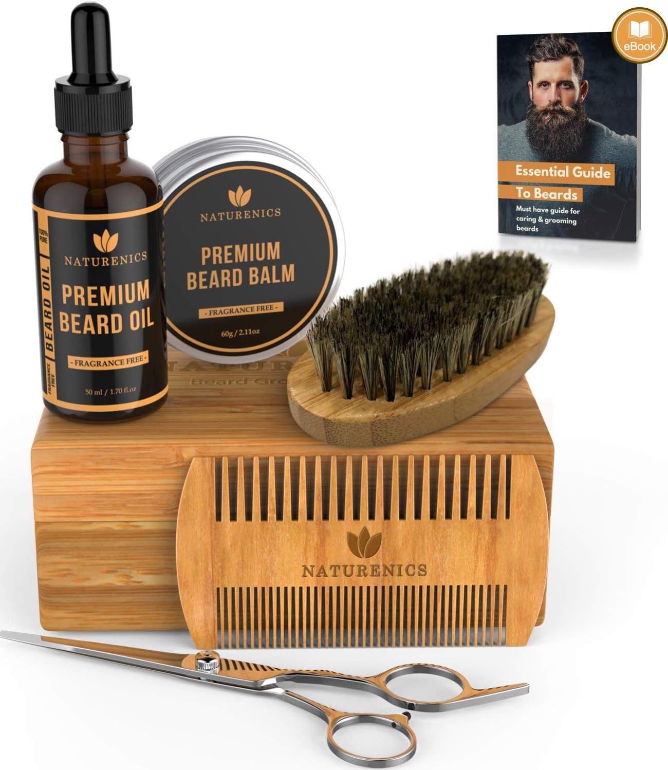 Men's Grooming Kit - for Grow Fuller, Healthier & Softer Beard: Premium 6 Piece Kit Includes Organic Oil, Balm, Brush, Comb, Scissors & Bamboo Gift Box