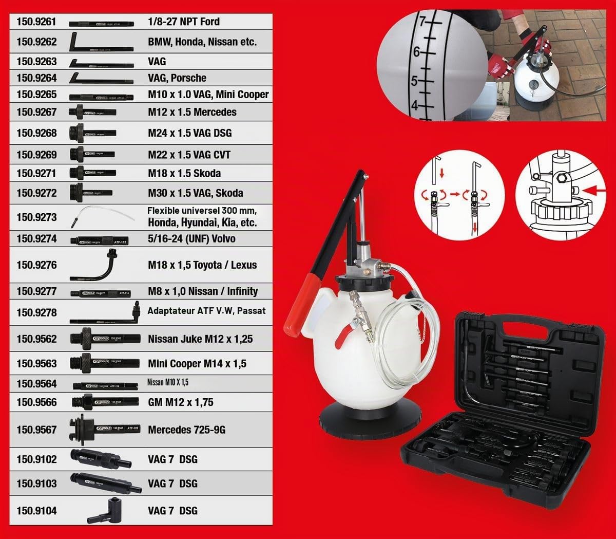 KS TOOLS Kit universel de remplissage d'huile de transmission avec 23 pièces d'adaptation 150.9105
