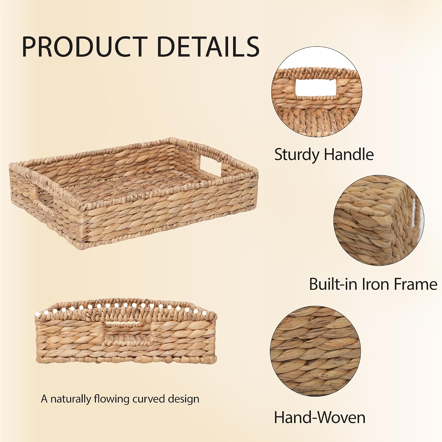 Hand Woven Water Hyacinth Storage Basket with Iron Frame, Natural Rectangular Wicker Organizer Basket for Bathroom Kitchen Bedroom Countertop Shelf Storage Basket for Home Organization (Basket Tray)