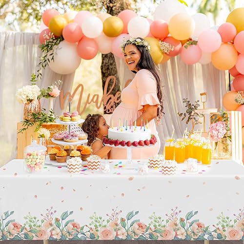 Miniatura 3 de Paquete de 6 manteles rectangulares desechables de plástico con diseño floral de primavera (108 x 54 pulgadas), manteles florales rosas para