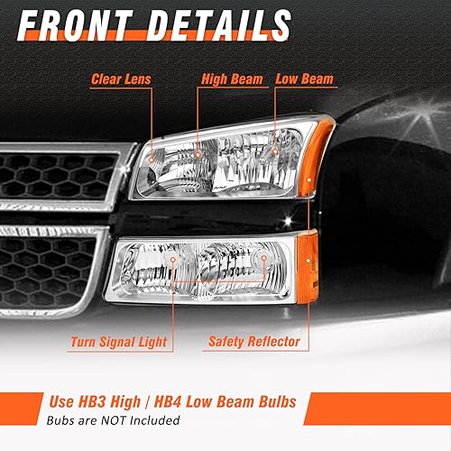 Miniatura 4 de AXLAHA 2003 2004 2005 2006 Chevy Silverado Headlights Assembly for 03 04 05 06 Chevy Silverado Avalanche 150025003500 Chrome Housing Amber Reflector