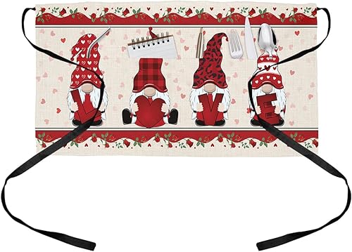 Luck Sky Waist Apron Kitchen Chef Half Aprons Valentines Gnome with Rose Flower Server Half Aprons with Pockets for Men Women Waitress