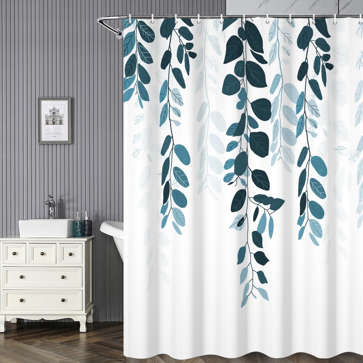 Cyan Eucalyptus Leaves Shower Curtain Aesthetic Watercolor CadetBlue Leaves on The Top for Modern Bathroom Shower Curtain Machine Washable Durable Fabric Set with Hooks, 72x78 Inch