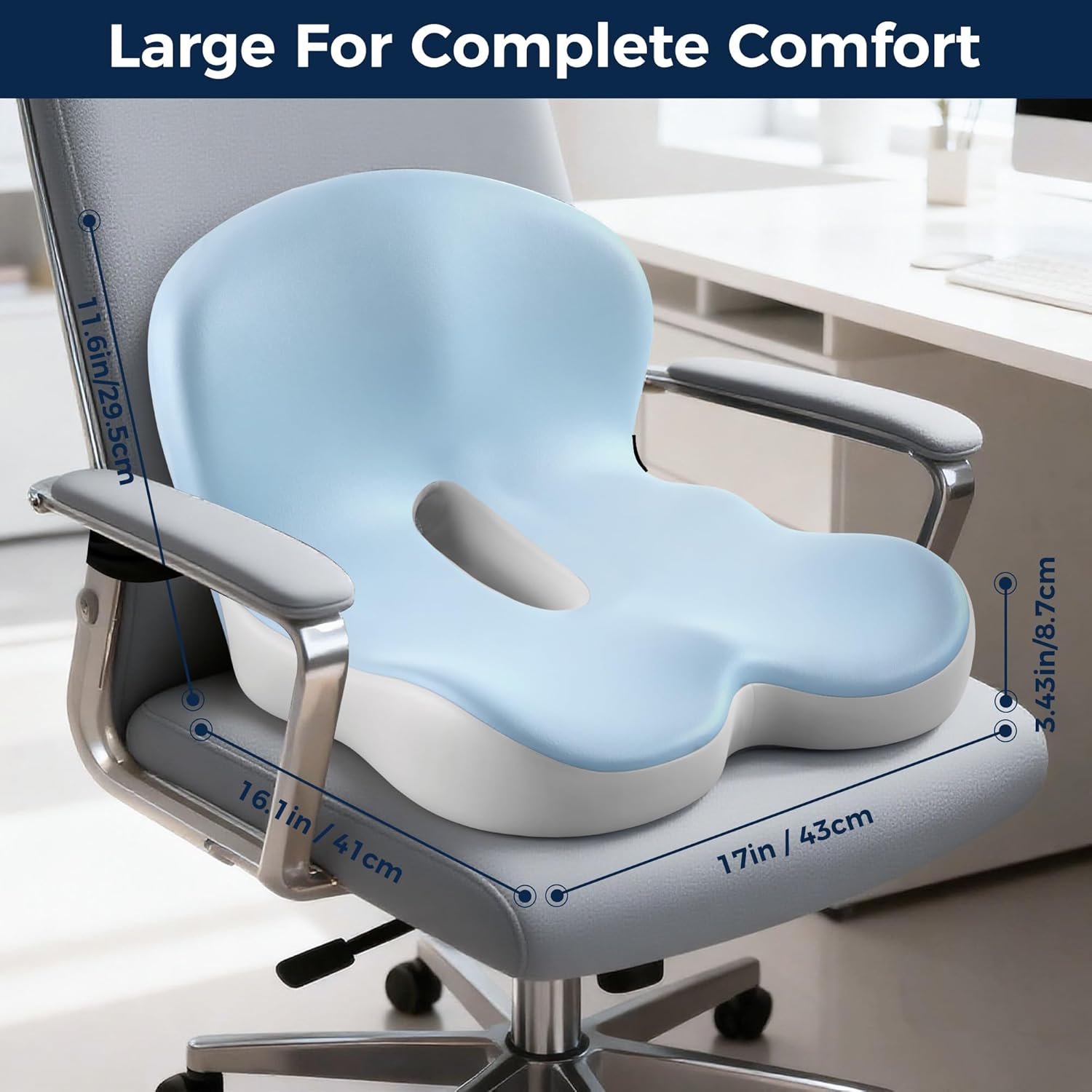 Seat Cushion, Office Chair Cushions for Tailbone Relief, Seat Cushions for Office Chair with L-Shaped Ergonomic Design & Adjustable Strap, Memory Foam Chair Cushion for Long Sitting Worker(Blue Grey)