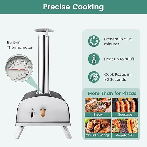 Miniatura 5 de HAPPYGRILL Horno de pizza al aire libre, multicombustible portátil de leña y gas con termómetro integrado, patas plegables, piedra para pizza,