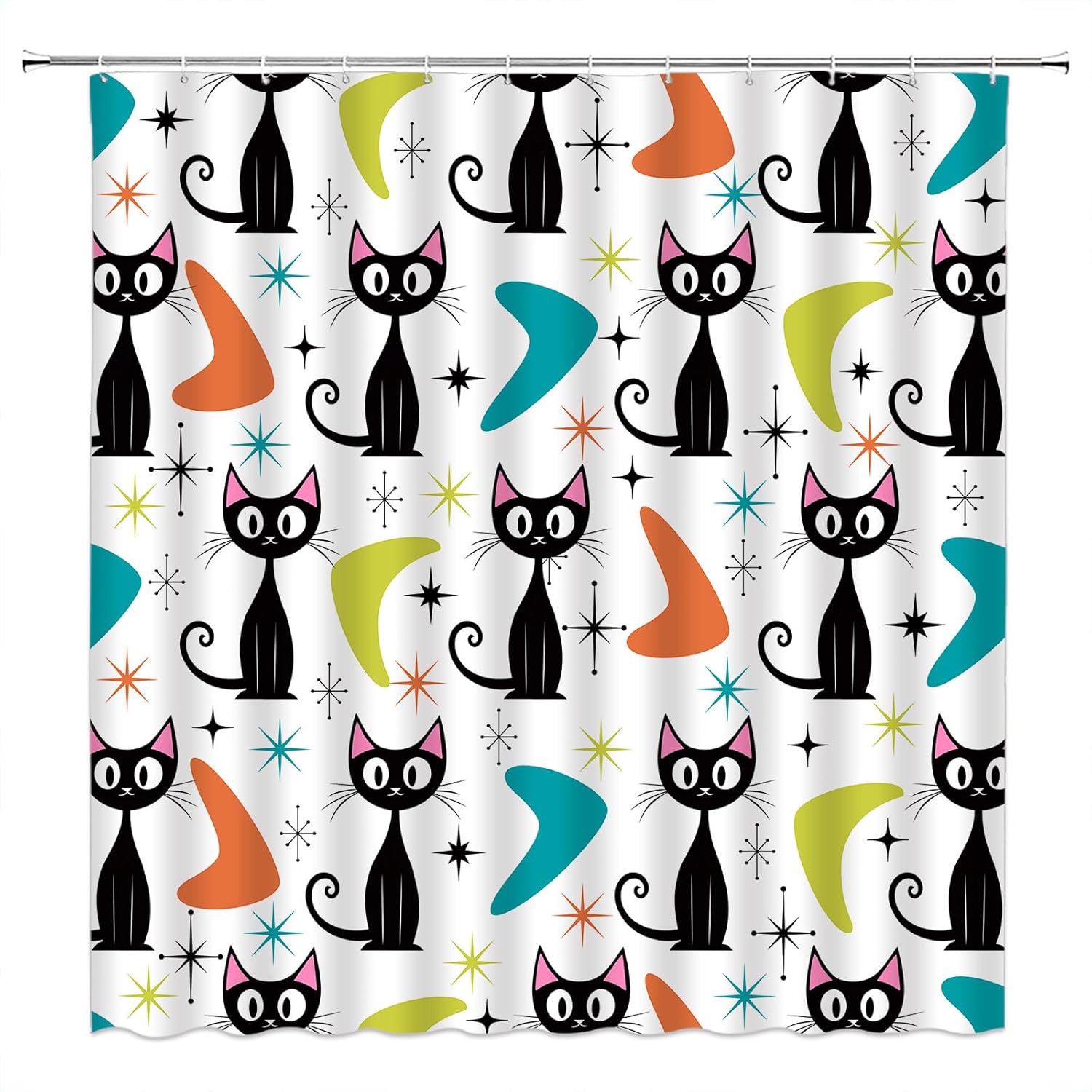 Mid Century Cat Shower Curtain Pink Yellow Teal Modern Geometric Atomic Black Cat Vintage 50S 60S Retro Fabric Bathroom Decor Curtain with Hooks,70X96(WXH) Inches