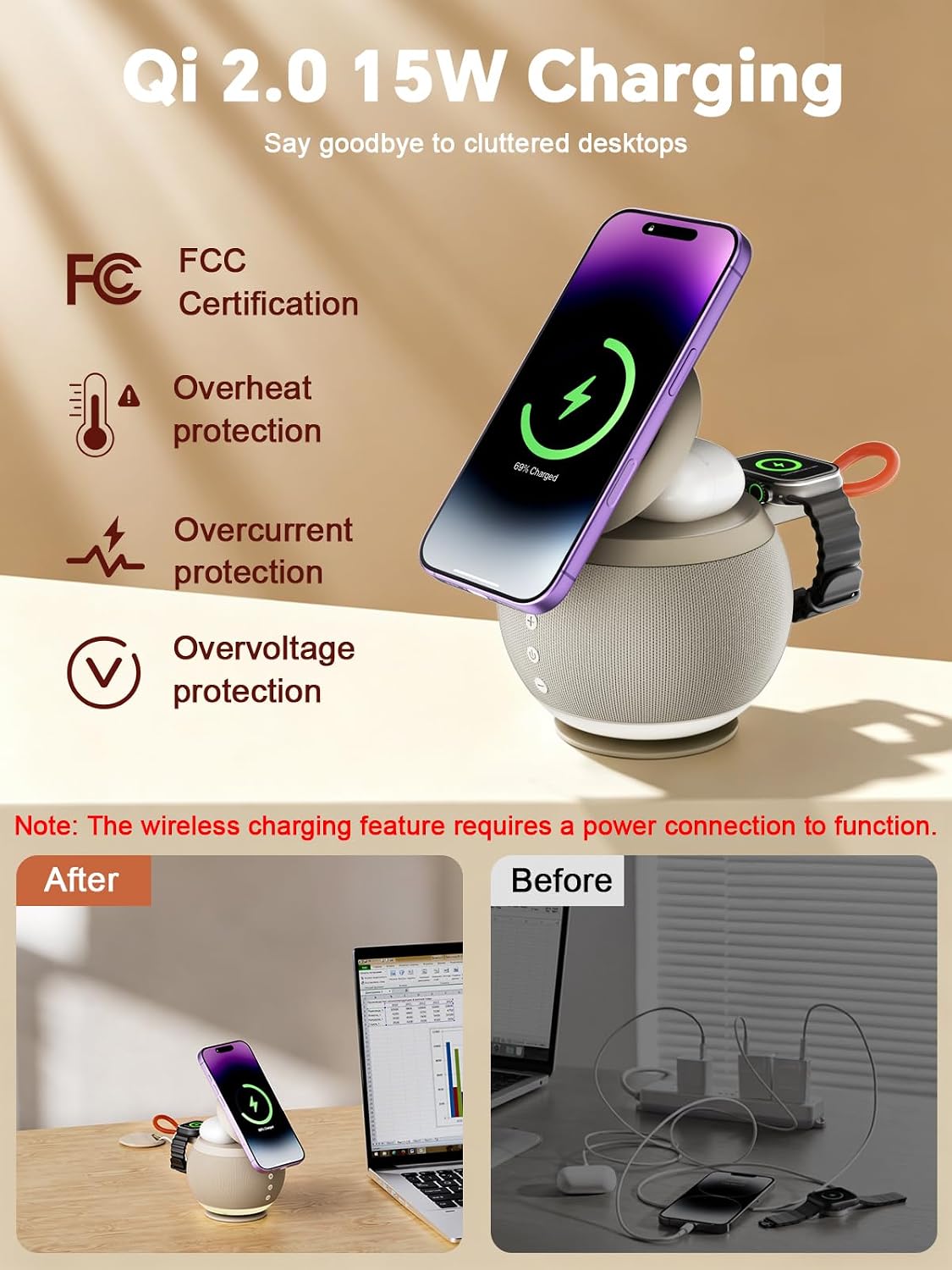 Bluetooth Speaker Charging Station with Night Light, Magnetic Wireless Charger for iPhone 17/16/15/14/13/12/Apple Watch/AirPods, Qi 2.0 15W Office Charger and Phone Stand