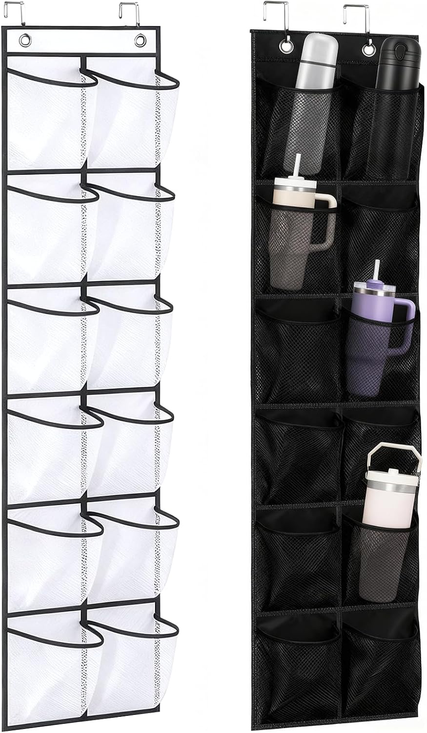 2-Pack Over-the-Door Water Bottle Organizer, 12 Pockets Each, Black & White