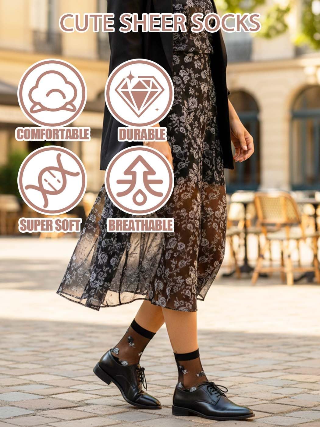 Campsis Sheer Socks, Black Sheer Ankle Socks, Floral Patterned Nylon socks for Women - Image 3