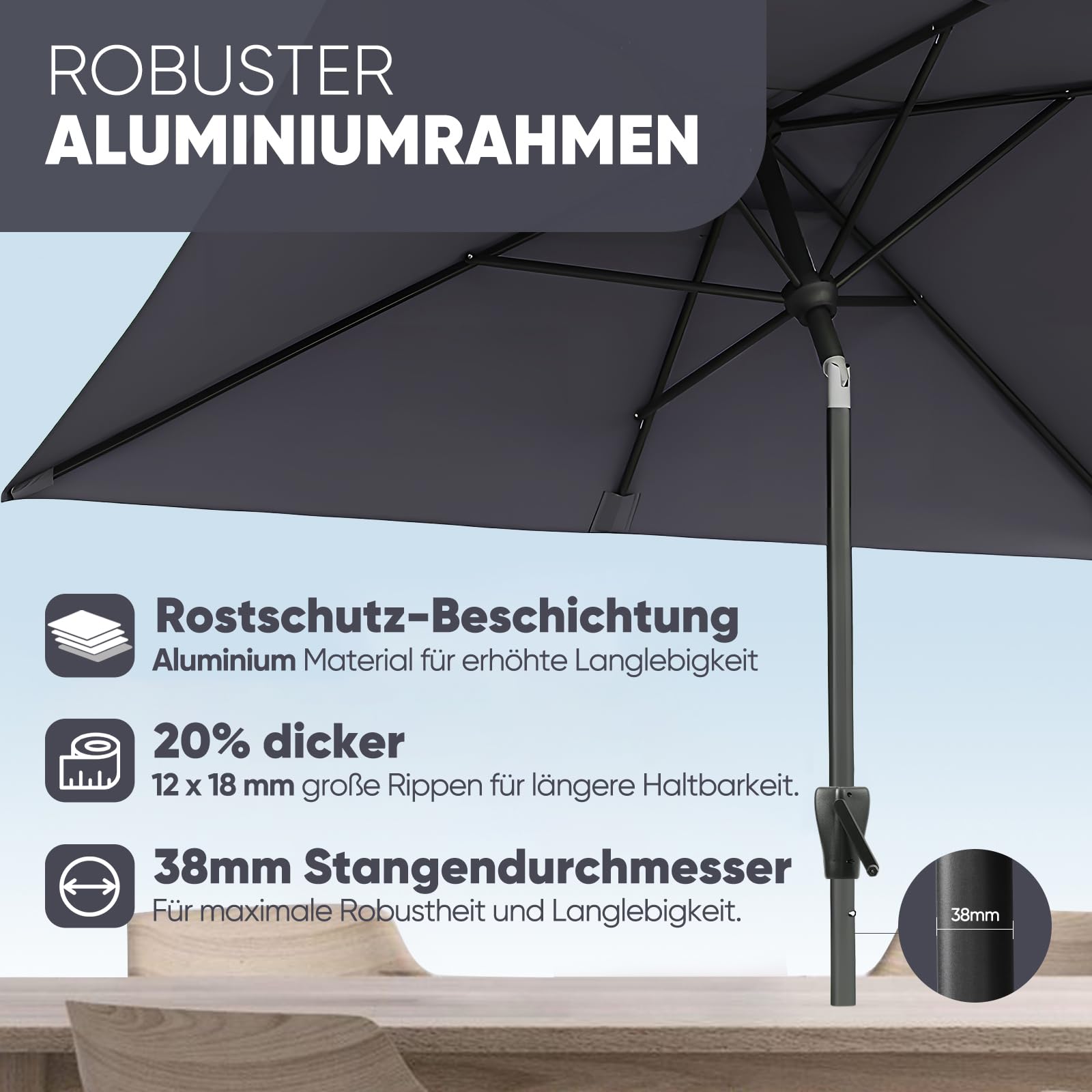 Sekey Aluminum Sonnenschirm mit Kurbel und Knicker, 210 × 140 cm Sonnenschirm Rechteckig für Balkon Garten & Terrasse Sonnenschutz UV 50+, Grau