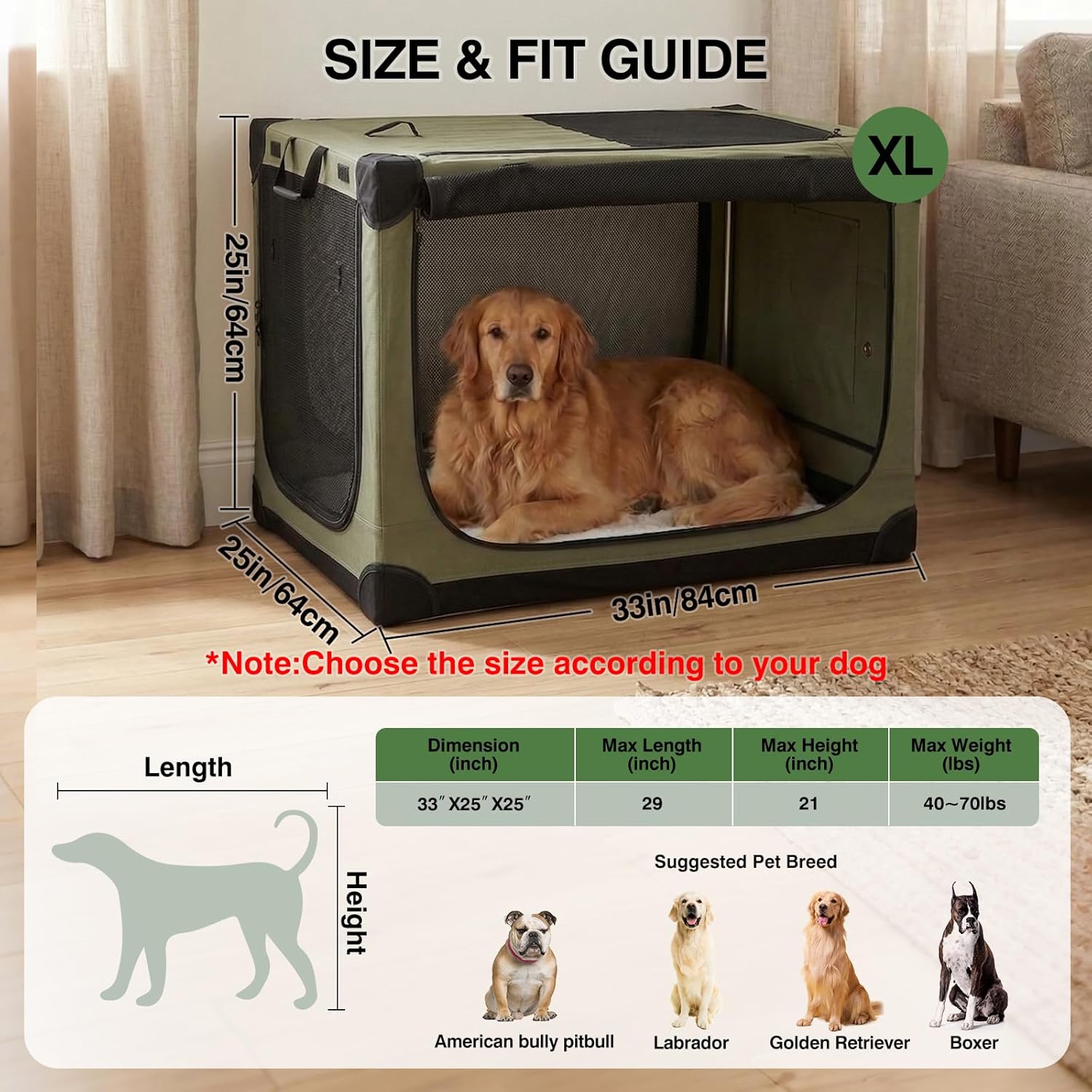 33" L x 25" W x 25" H Collapsible Travel Dog Crate, Portable Soft Dog Kennel for Medium Large Dogs up to 60 lbs, 4-Door Foldable Travel Crate with Durable Mesh & Storage BagGreen