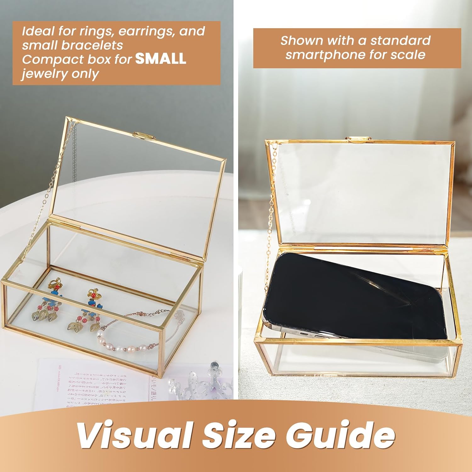Small 5.7" Golden Vintage Glass Keepsake Box | Jwelry Lidded Box Decorative Glass Boxes for Display,Clear Rectangle Box Rings Bracelet Earring Organizer (5.7 x 3.5 x 2.1inch)