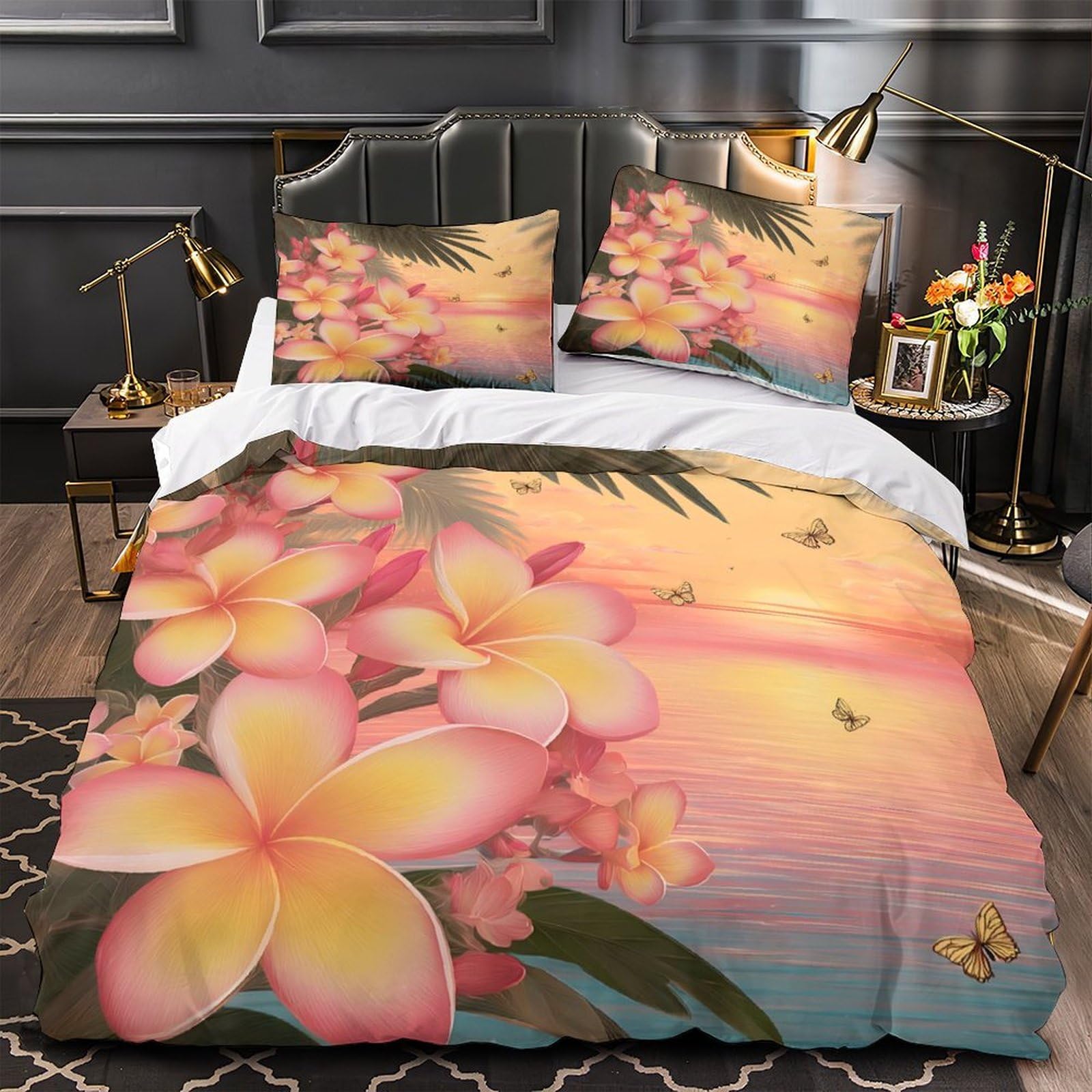 Parure de lit fleurs tropicales 140x200 housse de couette microfibre