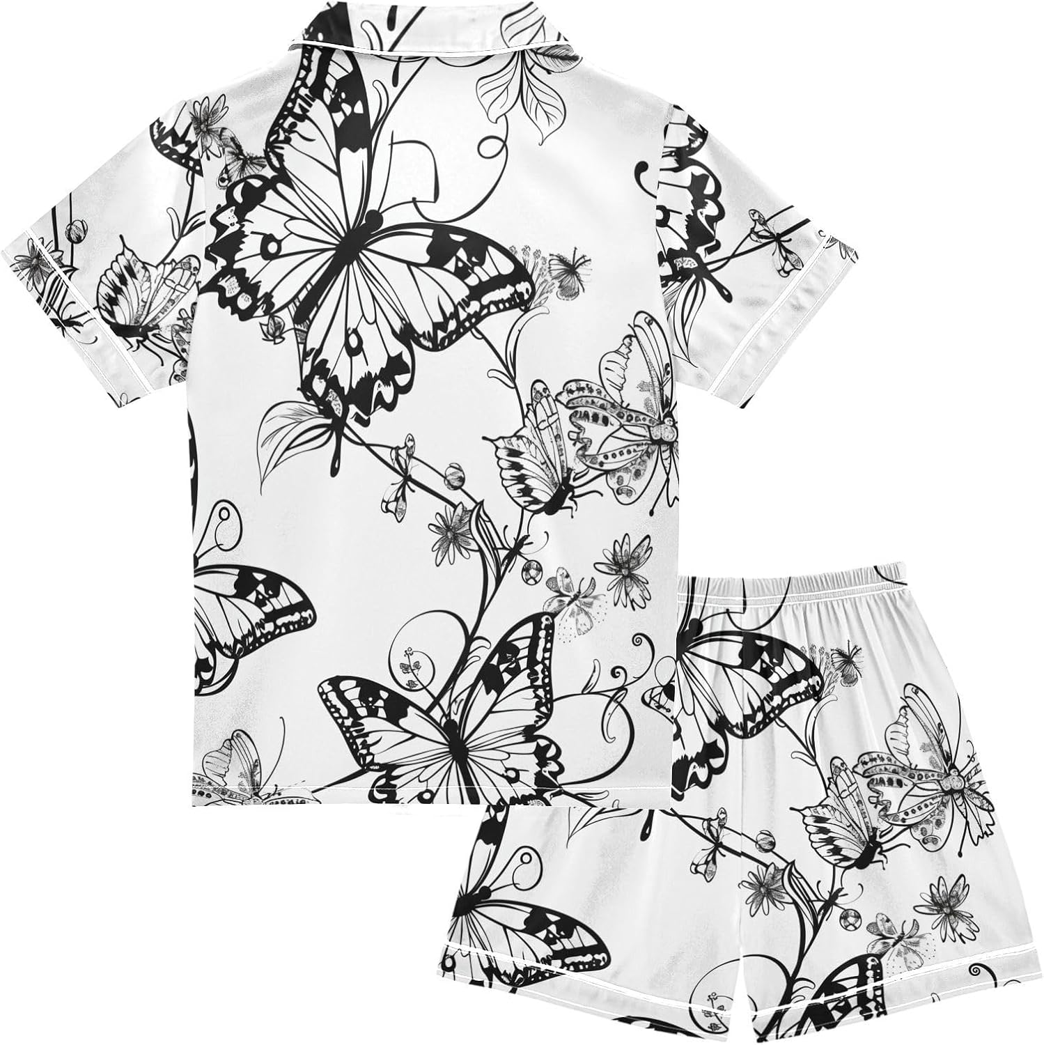 ZZXXB Butterfly Retro Print Kids Satin Short Sets Outfits Casual Button Down Short Sleeve Lounge Set S-XXL