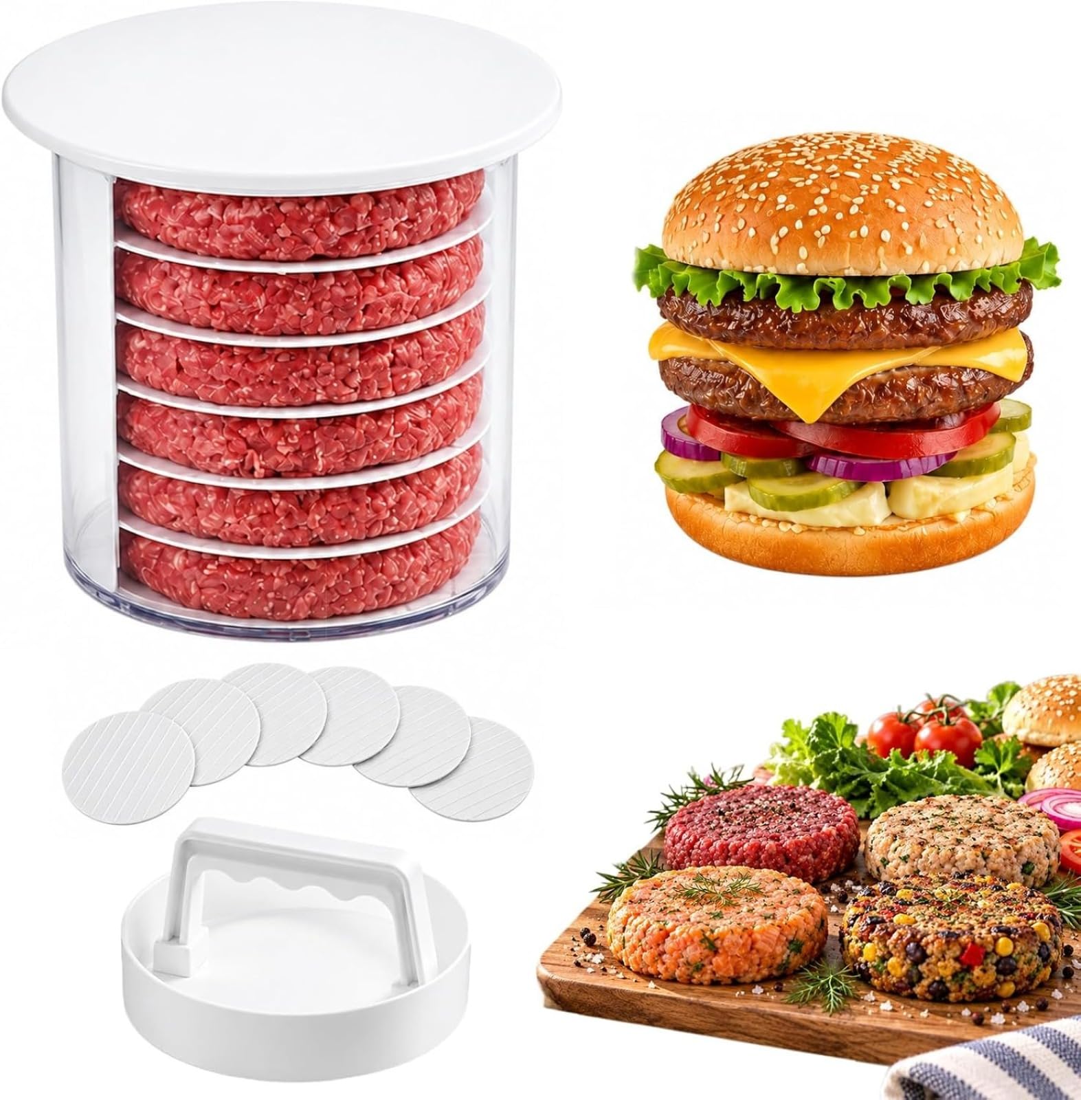 Burger Patty Maker Press with Storage Container, Stackable Hamburger Mould