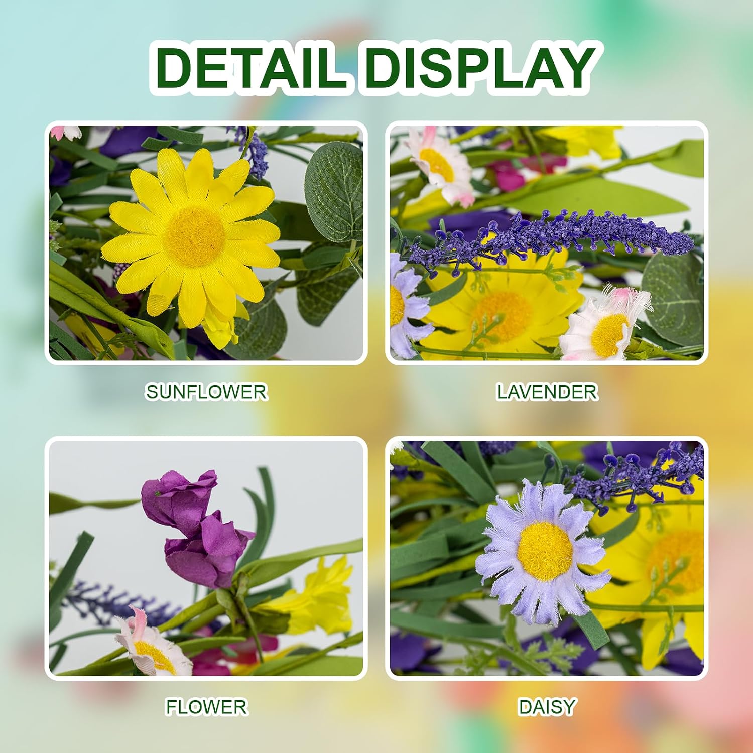 J'FLORU Artificial Spring Wreath Summer Wreaths for Front Door Floral Wreath with Daisy and Lavender for Indoor Outdoor Easter Celebration (18 Inch)