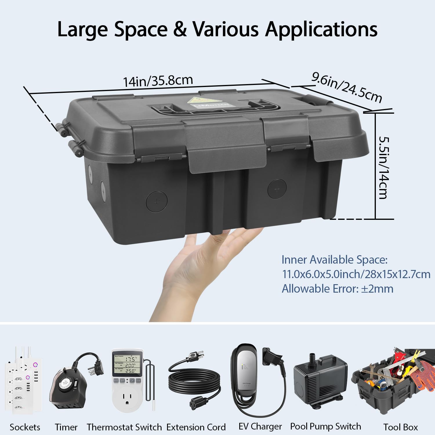 LeMotech Outdoor Electrical Box (External 14x9.6x5.5in), IP55 Waterproof Connection Box with Handle, Extension Cord Cover for Outlet,Pool Pump,Timer,Power Strips,Holiday Light Decoration, Black