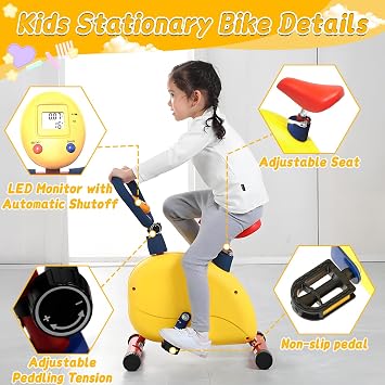 Kids Exercise Bike, Kid Stationary Bike with Adjustable Resistance & Seat Height, Toddler Machine Indoor Cardio Training, Fun and Fitness Exercise Equipment for Boys Girls Ages 3+
