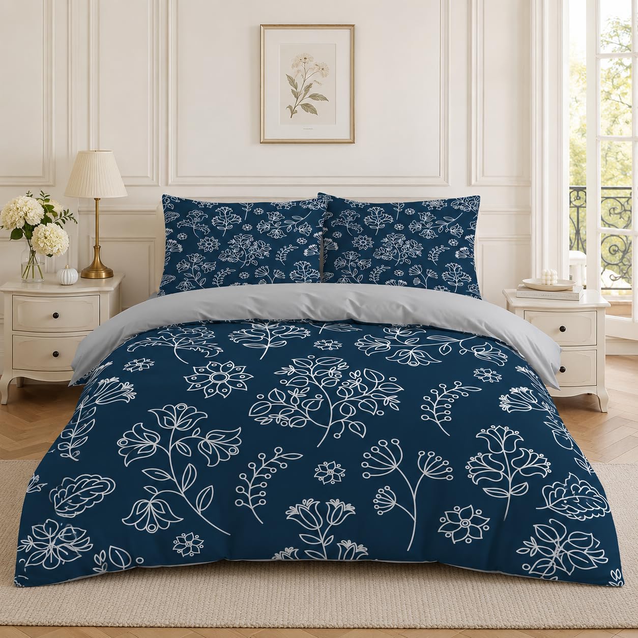 Bettwäsche 220x240 cm Blau Geblümt Bettwäsche-Sets Bettbezug 220 x 240 cm + 2 Kissenbezug 80x80 cm, Graue Pflanze Weich Mikrofaser Bettbezüge 3 Teilig mit Reißverschluss