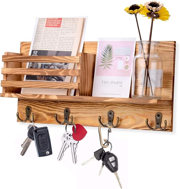 AXABING Mail Sorter Wall Mount Wood Key Holder Organizer Wall,Wooden Organizer with 4 Double Hooks,Suitable for home, office, corridor, kitchen Decoration and Storage
