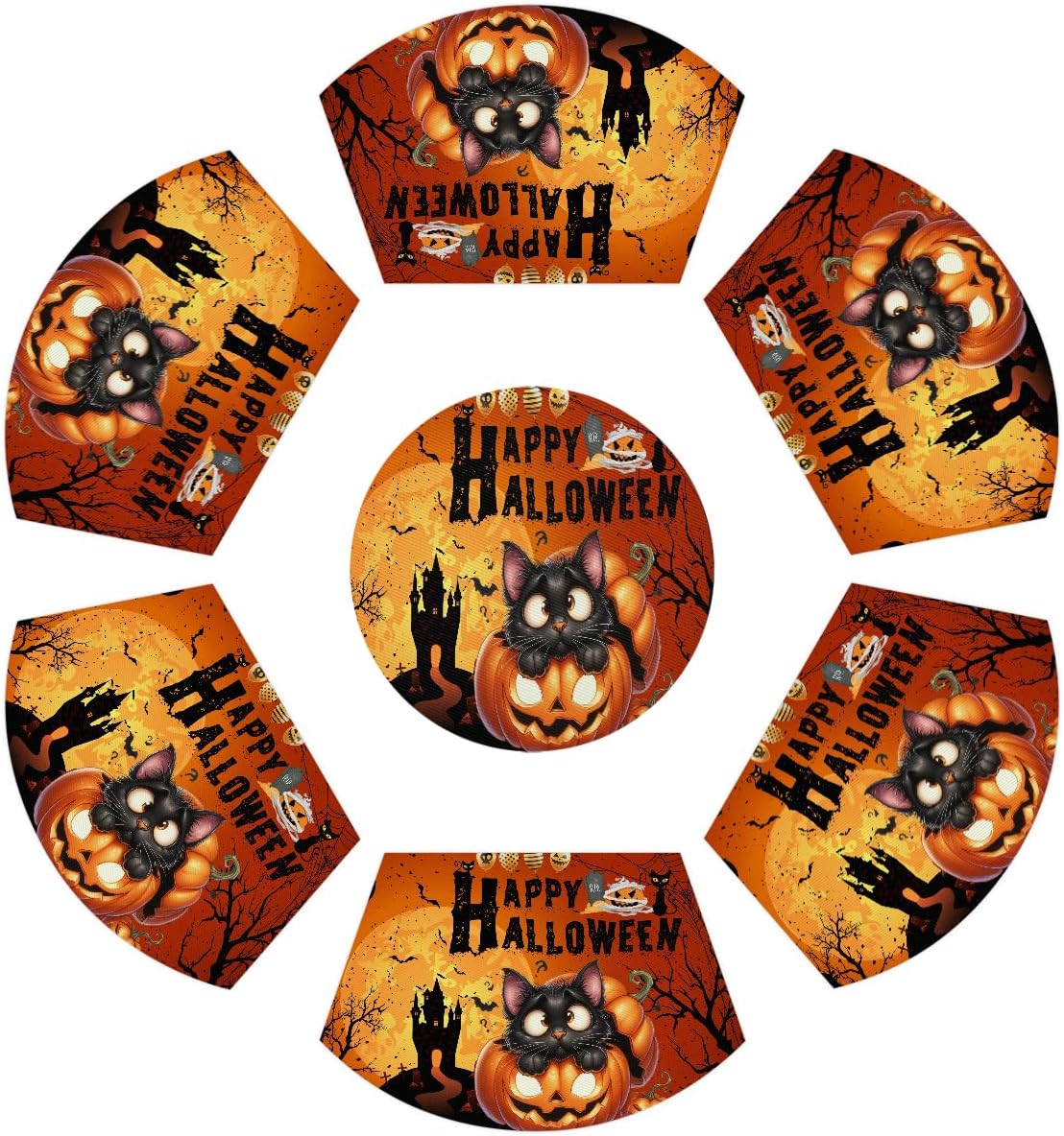 Halloween Cat Pumpkin Wedge Placemats Set of 6+1 pcs PVC Washable Wedge Place Mats Round Table Mat Wipeable Plastic Dining Table Mats for Kitchen Indoor Outdoor Patio Table Decor