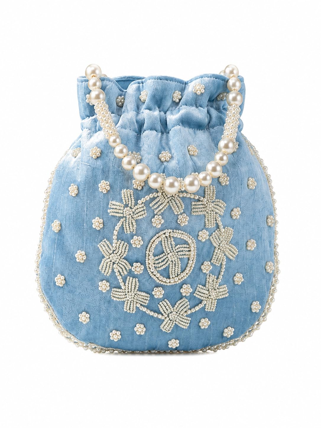 Blue Potli Bag with Pearl Embroidery, Floral Beadwork, Drawstring Closure, Pearl Handle-image-2