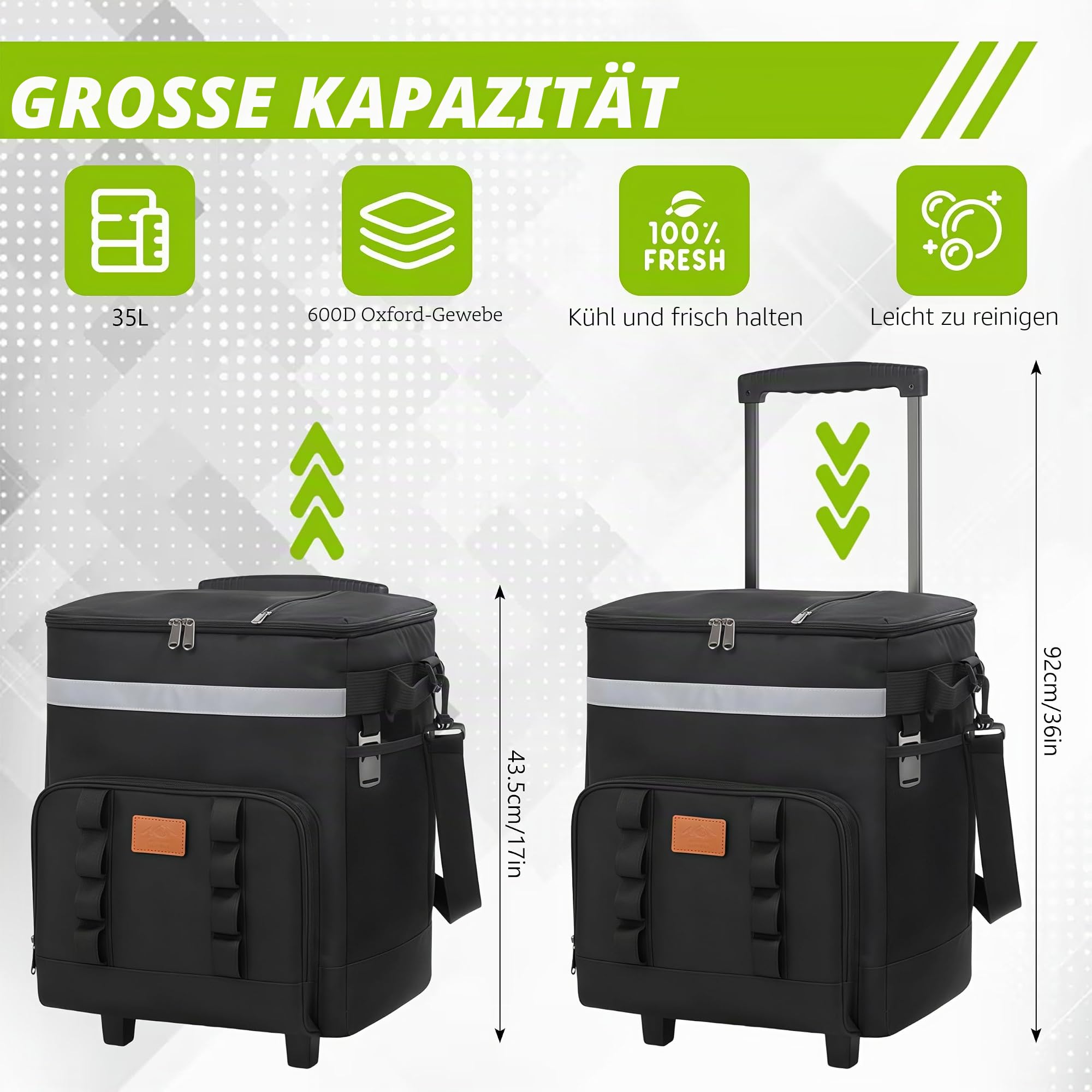 Isolierte Kühlbox mit Rädern, 35L Faltbar Picknicktasche, Tragbare wasserdichte Isoliertasche mit Verstellbare Schultergurte, Warm und Kalt Halten für Camping, Picknicks und Grillabende