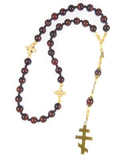 Handmade Orthodox Rosary Red Tiger Eye, Onyx, Mother of Pearl and Gold Tone Cross