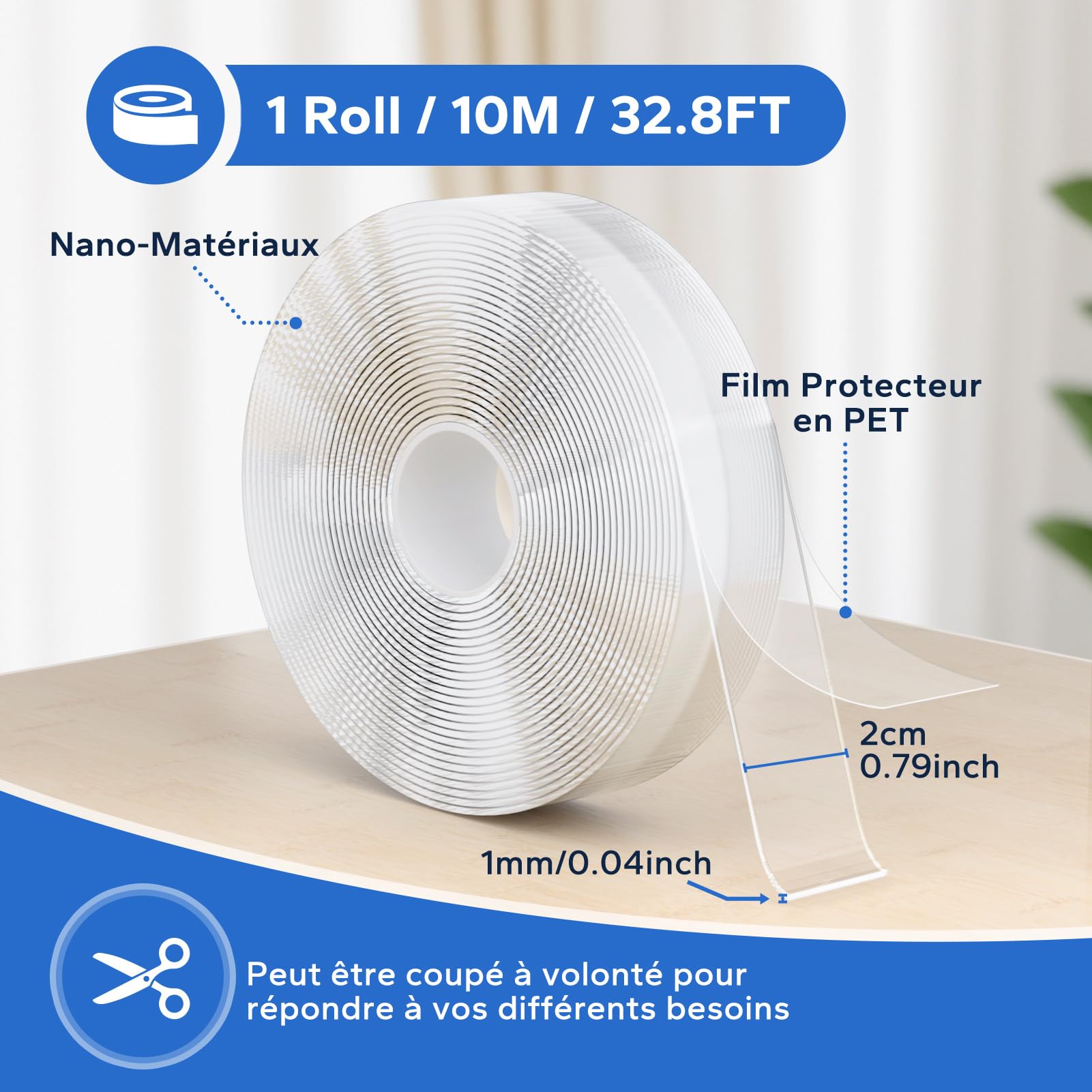 Ruban Adhésif Double Face Extra Fort 3m X 2cm - Acrylique Imperméable, Amovible Sans Trace - Pour Murs, Moquettes, Décoration