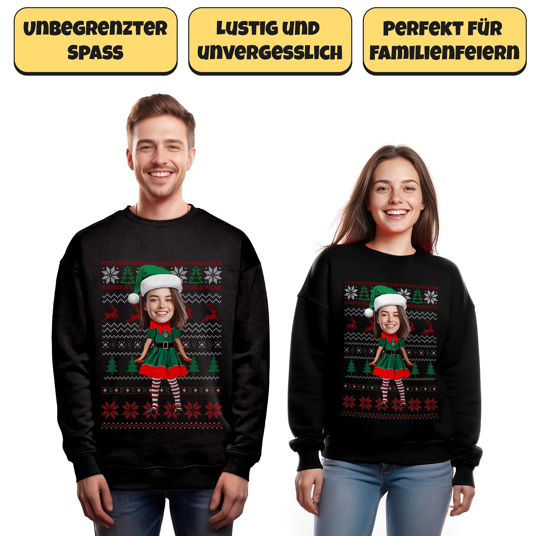 BLAK TEE Personalisierte Geschenke Weihnachtspullover Kinder mit Einem Foto —Schwester Elf— Weihnachtspullover Familie Set — Hässliche Weihnachtspullover Mädchen und Jungen Schwarz4 12