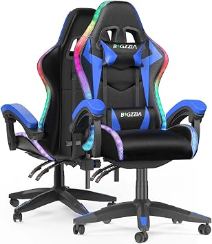 RGB Gaming Chair with Led Lights, Ergonomic Video Game Chair with Adjustable Lumbar Support, Reclining Backrest for Gaming Room & Home OfficeWith RGB, Blue