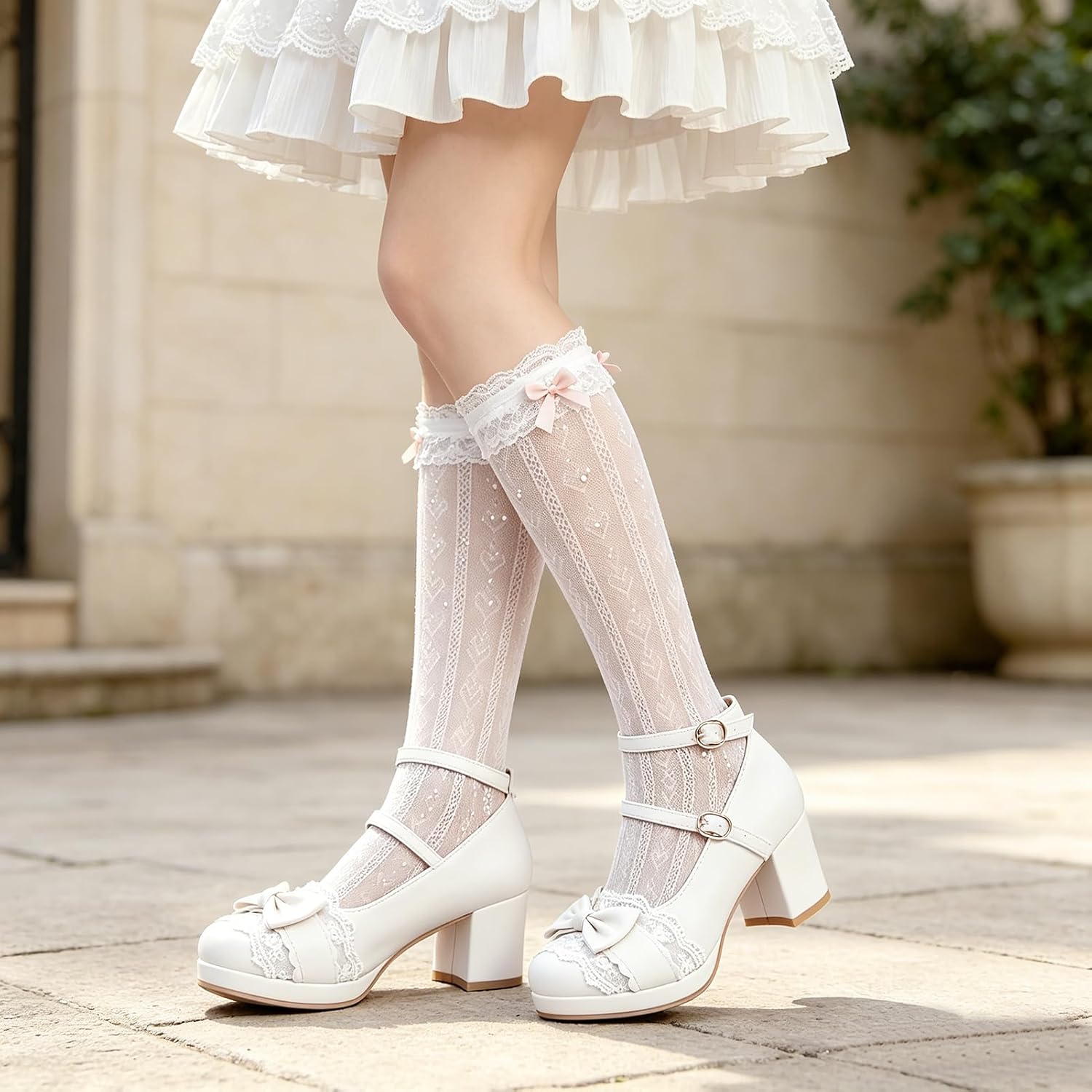 MEOTINA Mary Janes Shoes for Women Cute Bow Platform Heels Lace Closed Toe Kawaii Shoes Vintage Ankle Strap Dress Pumps White/Pink/Black/Yellow
