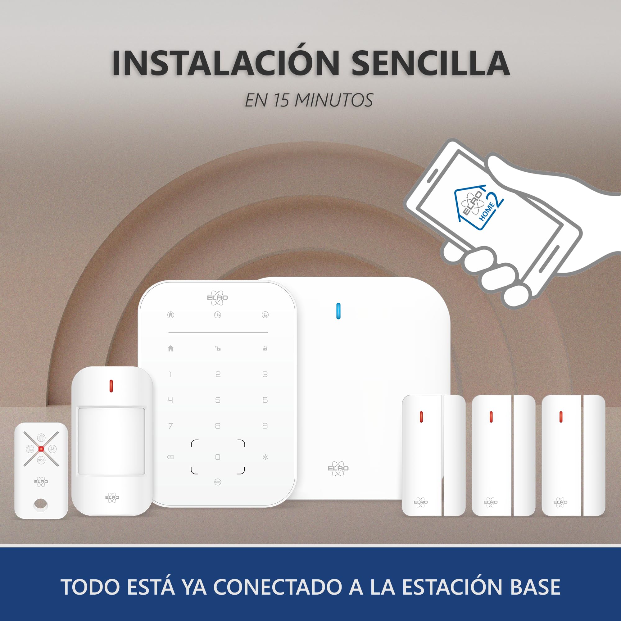 ELRO AS98S Home2 - Sistema de Alarma inalámbrico Inteligente - WiFi - Función gsm - Probado como Mejor - con estación Base, Panel de Control, Detector de Movimiento, 3 contactos de Puerta/Ventana y