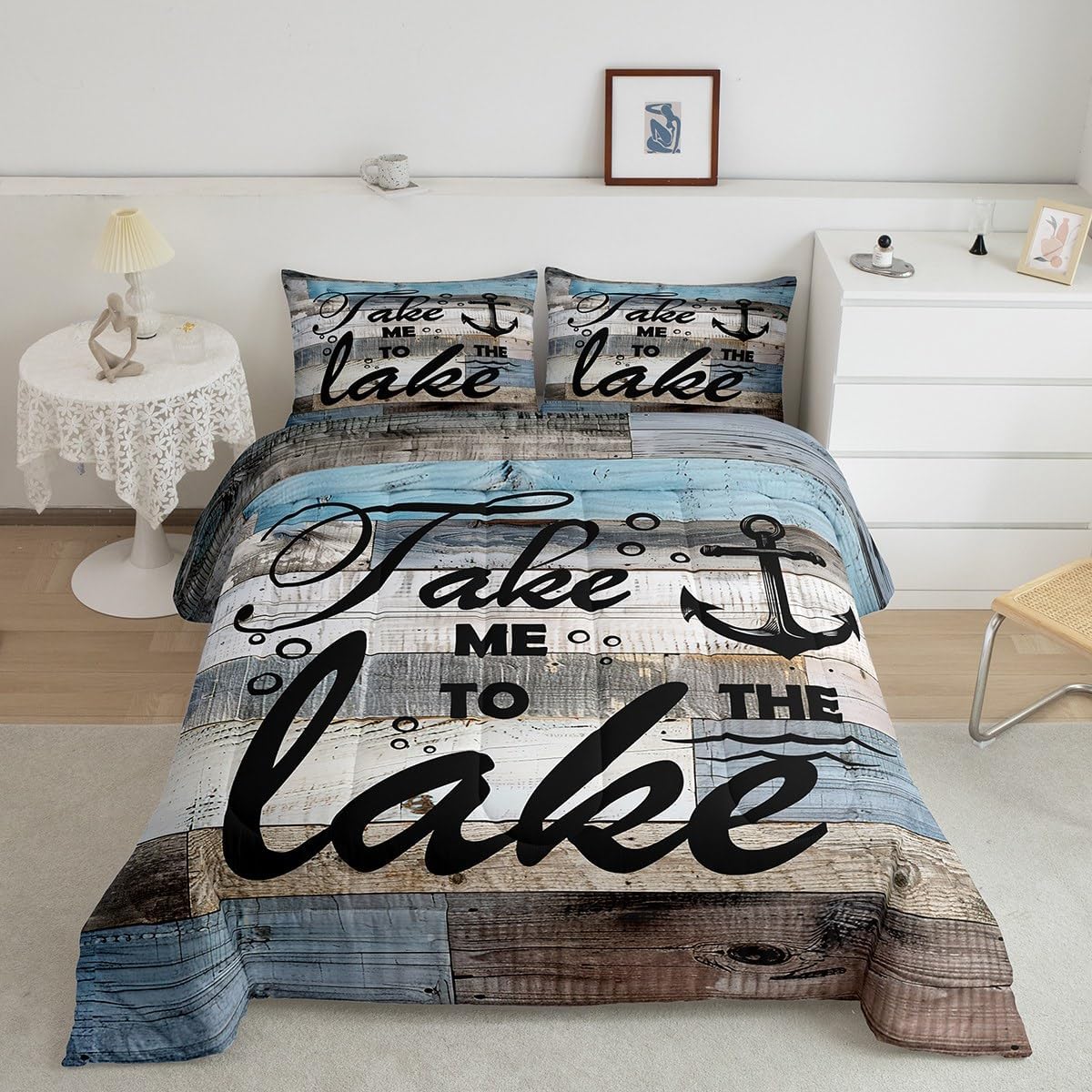 Homewish Lake Cabin Bedding Set Queen Size Rustic Farmhouse Comforter Set 3pcs,Light Blue Grey Wooden Stripes Quilted Duvet Kids Teens Girls Women Room Decor Lake Life Duvet Insert,2 Pillowcases