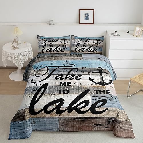 Miniatura 4 de Juego de ropa de cama de cabaña de lago, juego de edredón rústico de 3 piezas, color azul claro, gris, rayas de madera, edredón acolchado para