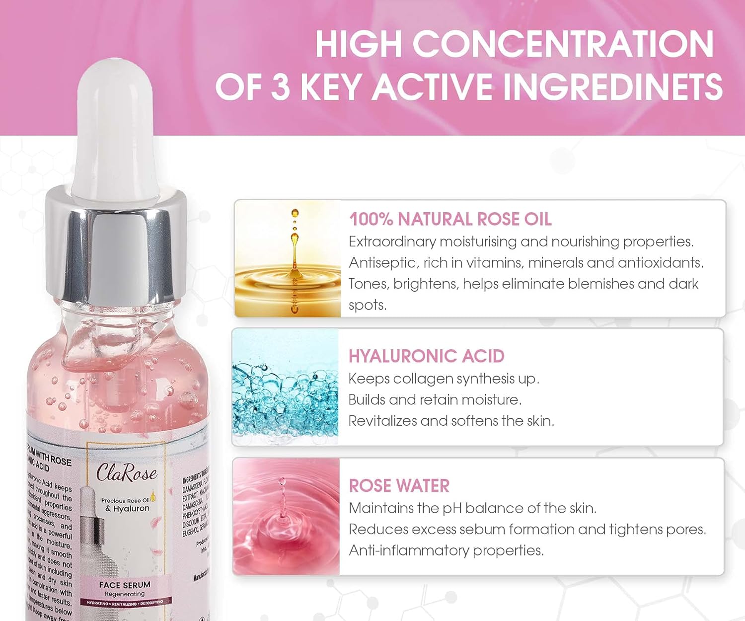 ClaRose Hyaluronic acid Anti-ageing Face Serum with Organic Rose oil and Retinol made with 97% natural ingredients, 30ml - Image 4