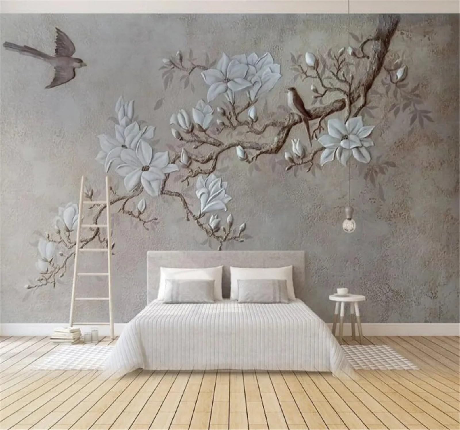 Tzxztt Vintage Nostalgic Relief Magnolia Magpie Modern 3D Wallpaper Premium Textured Silk Neutral Tones Material Ideal for Living Room Bedroom-430cm×300cm
