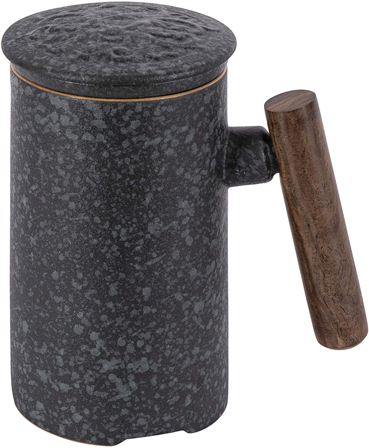 Photo 1 of Kampfire Infusions Ceramic Tea Mug, Tea Cup with Lid, Infuser and Wooden Handle, 14 oz, Gift Box, Stone Texture, Ergonomic, Built-in Strainer, Hand-made Grey Stone